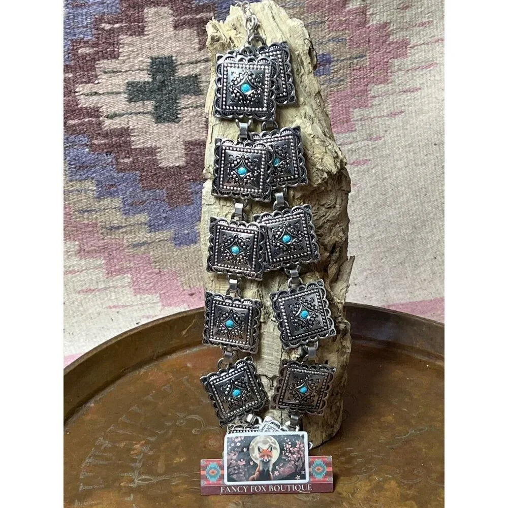 Concho Southwest Silver Unisex Chain belt adjustable to 52” Faux Turquoise new - Picture 10 of 10